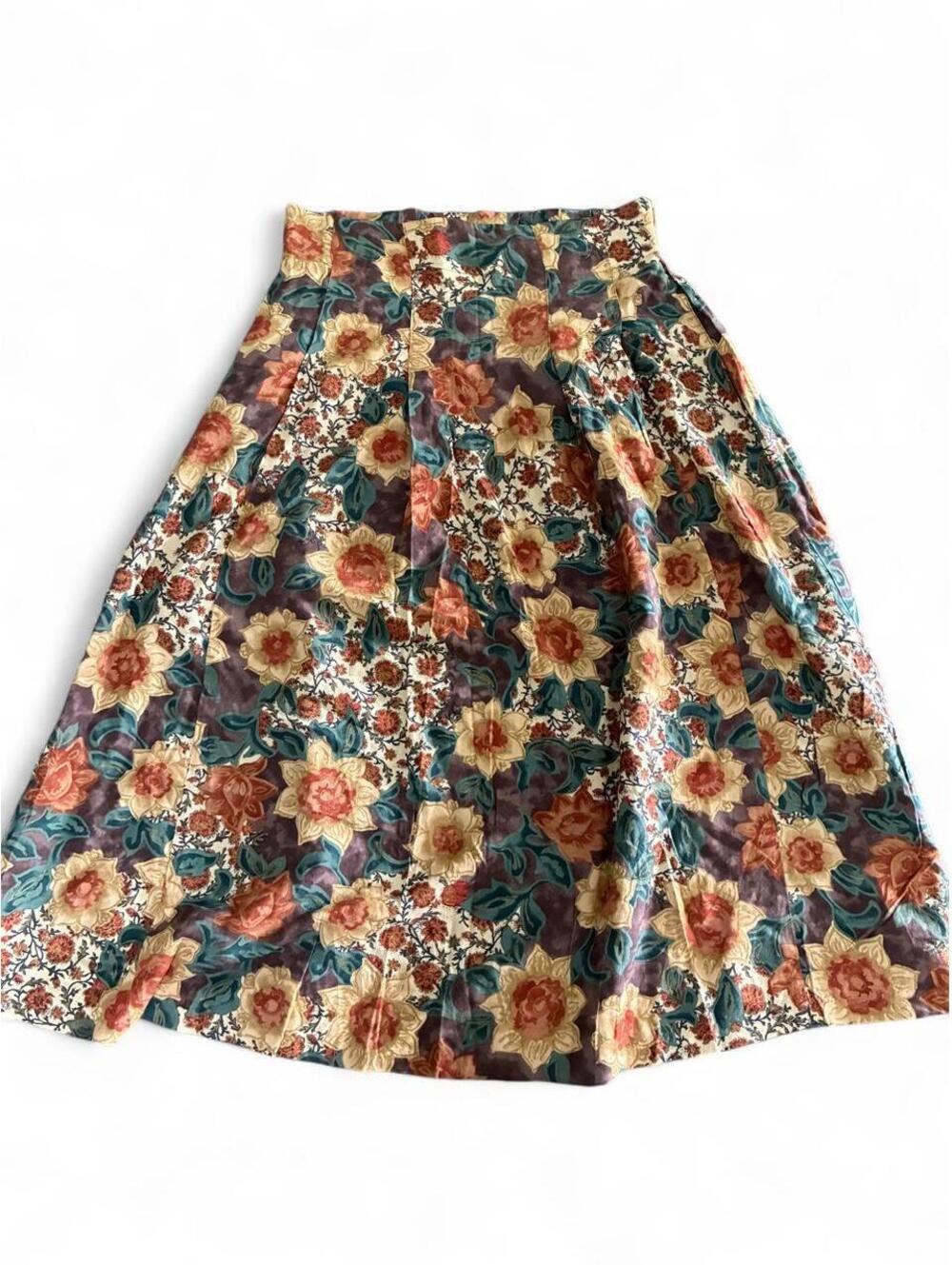 Ann Hill Floral Midi Skirt in Multi-Color Brown - Cottagecore Style, Size Medium